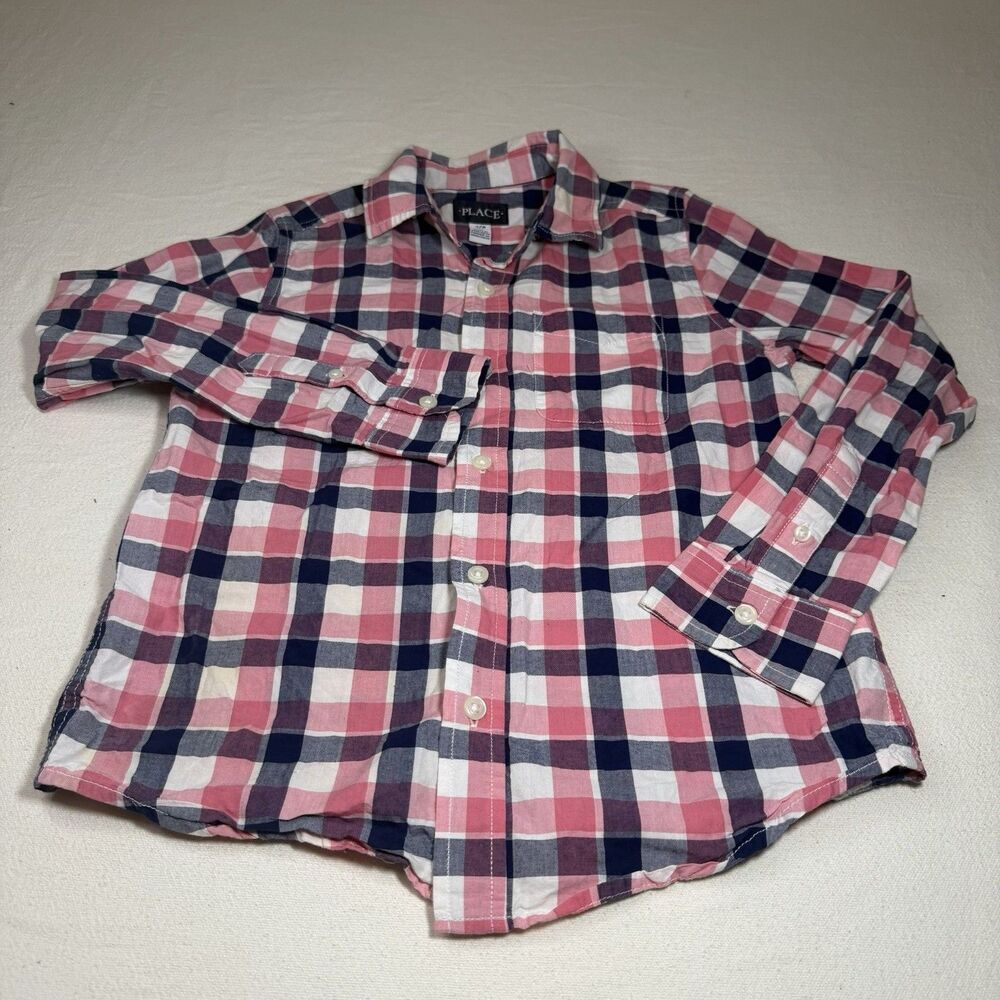 Childrens Place: Boys Long-Sleeve Button-Up Dress Shirt, Pink/Navy Plaid Sz 7/8